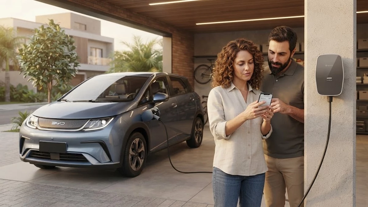 Seguro para carro elétrico: quanto custa, o que cobre e qual marca é mais cara? 1 Casal comparando seguro para carro elétrico em garagem residencial