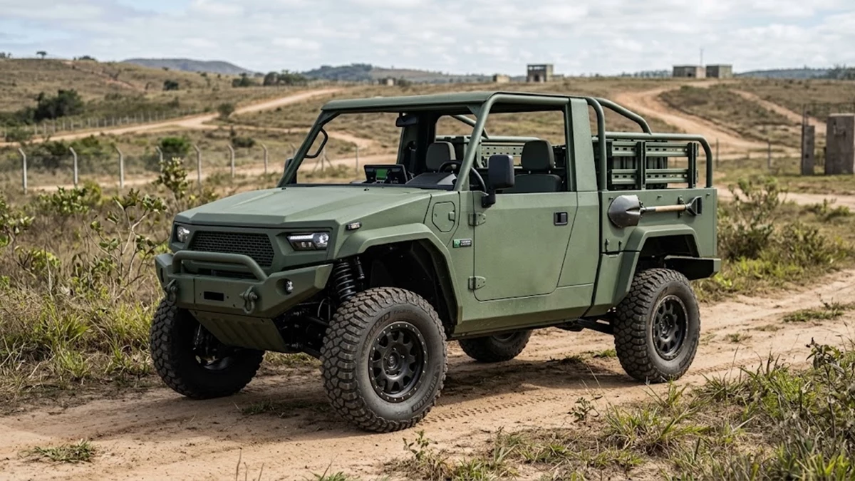 Carros elétricos na segurança pública: onde já são usados e o que muda nas operações 4 Ilustração de veículo tático militar com tecnologia híbrida-elétrica em campo de testes