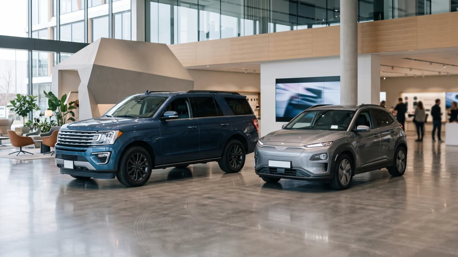 Kia EV3 pode se tornar o elétrico mais vendido da marca nos EUA 2 SUV elétrico compacto ao lado de um SUV elétrico maior em showroom