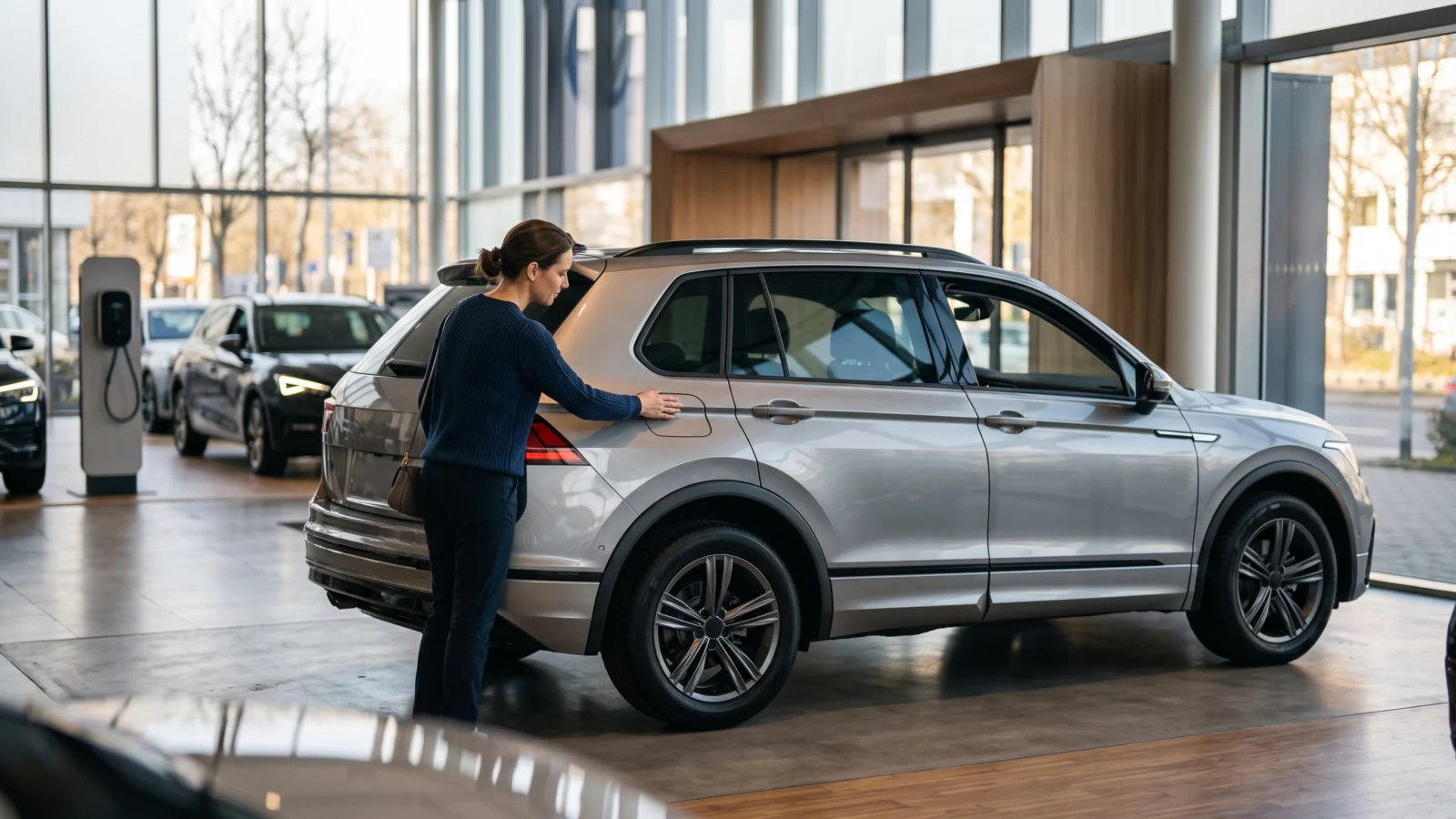 Geely Galaxy Cruiser 700 estreia na China como SUV híbrido plug-in 2 Pessoa observa SUV robusto em showroom
