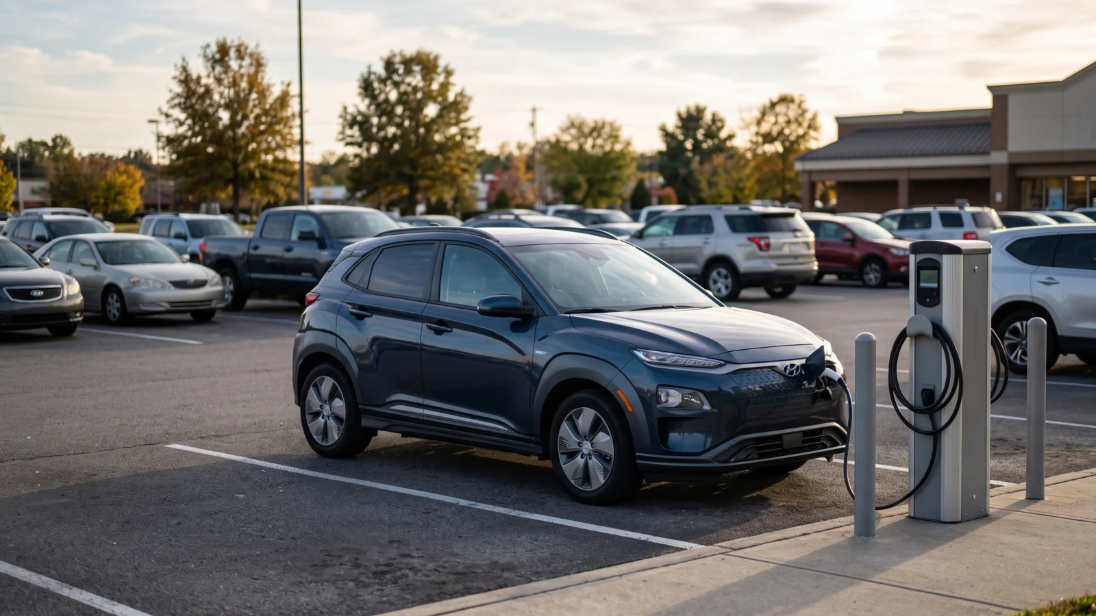 Kia EV3 pode se tornar o elétrico mais vendido da marca nos EUA 3 SUV elétrico compacto conectado a carregador em estacionamento